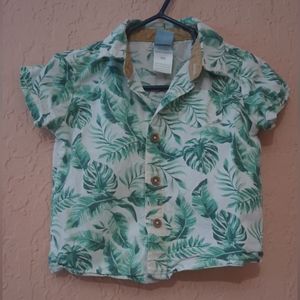 Little Lad boy tropical creme and green leaves button down  shirt size 18 months